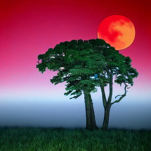 Prompt: vivid landscape with big trees under a red moon