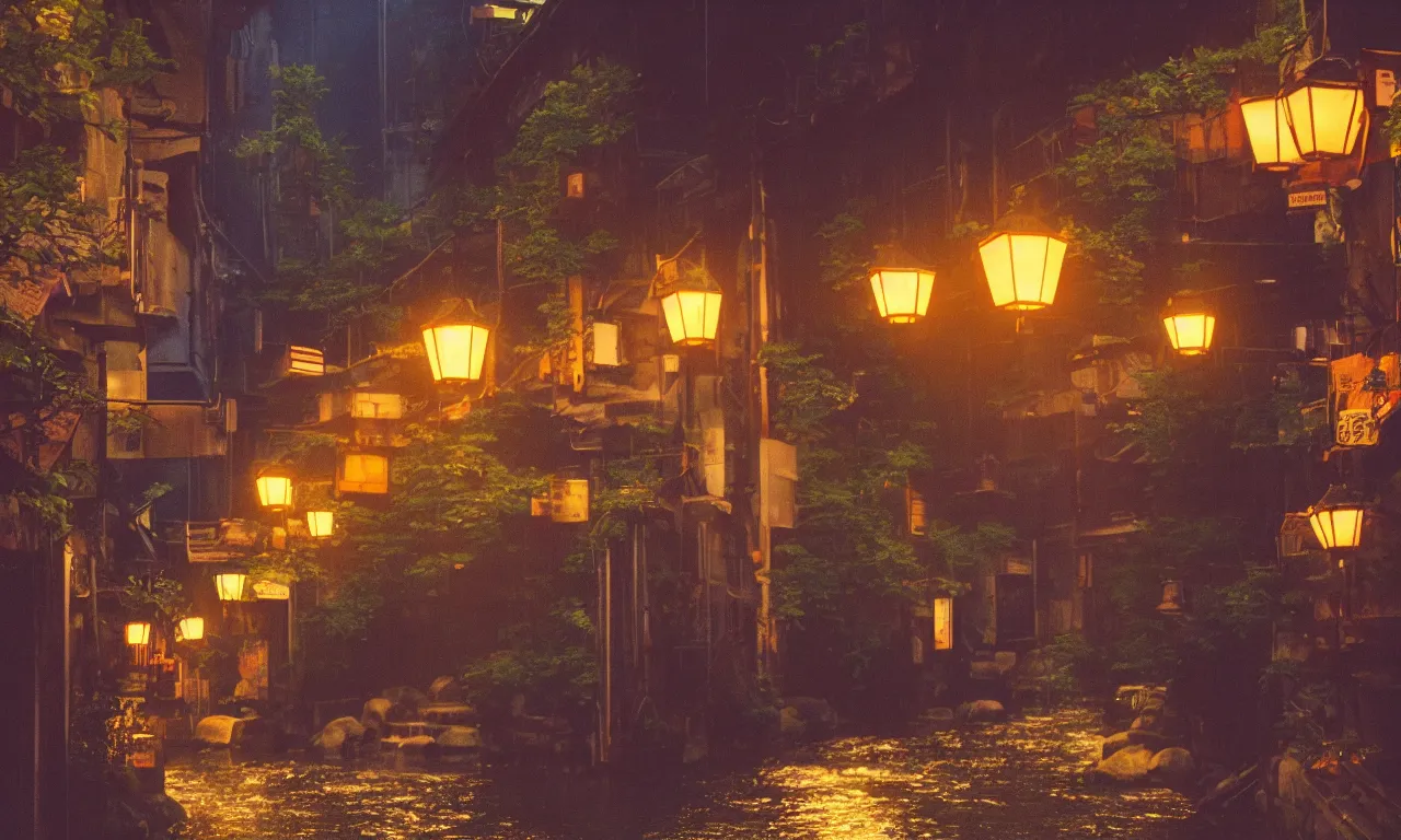 Image similar to A film still from a 1990s Sailor Moon cartoon featuring a moody street in Kyoto Japan with a waterfall and lanterns, lofi aesthetic, golden hour, cinematic look, film grain, high detail, high resolution, 8k