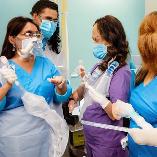 Image similar to nurses playing musical instruments made out of medical supplies, made out of clear tubing, syringes, urine collection bag, iv pole, fluid bag, nebulizer equipment, bag - valve mask, intubation equipment, speculum, defibrillator, flexiseal.