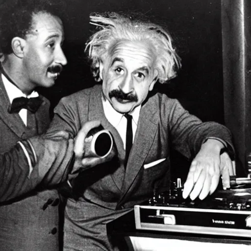 Image similar to photo of Albert Einstein DJing a record player at a nightclub, vintage, highly detailed facial features, at a nightclub