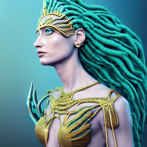 Image similar to unreal engine, octane render, 8 k, sandro botticelli portrait of egyptian sumerian goddess princess intergalactica, nautical siren, queen of heaven, techno mystic goddess, with aqua neon dreadlocks, teal eyebrows encrusted with diamonds, wearing iris van herpen haute couture, star - gate of futurisma,