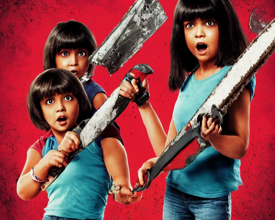 Image similar to a horror movie poster featuring Dora holding a Chainsaw