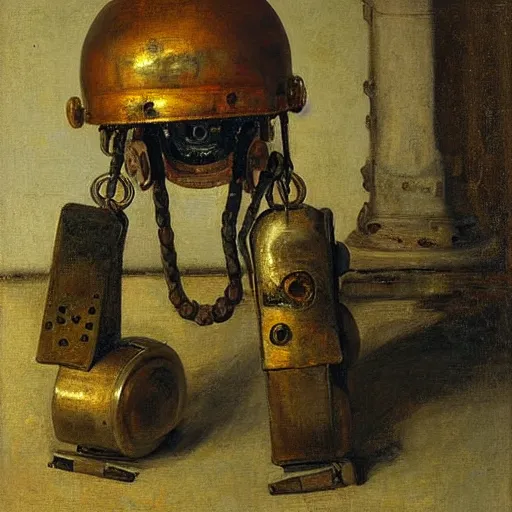 Image similar to A still life of a rusty robot, Pieter Claesz, William James Glackens, (chains), ((gears)), helmet