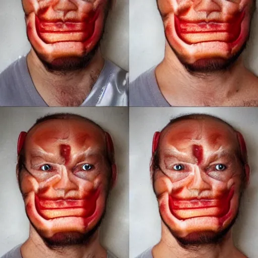 Image similar to man's face with skin that looks like pulled pork