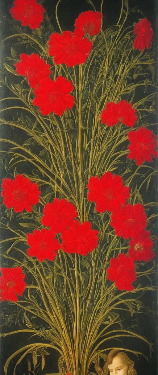 Prompt: painting of many various red flowers on a dark background, painted by Sandro Botticelli, the flowers are very sparse, floating and are seen from the side, dark atmosphere, realistic flowers oil painting