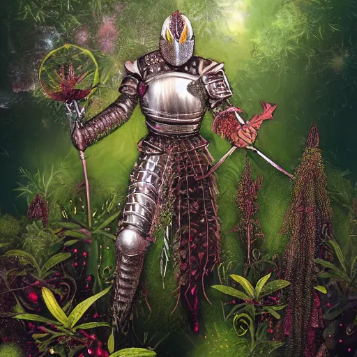 Image similar to a male knight with beard, stern face, clear eyes, shining armour made of steel, and fractal hair, fighting the darkness in a fractal garden, glowing delicate flower, berries and ferns that grow in a dark flowering fantasy forest, full frame,