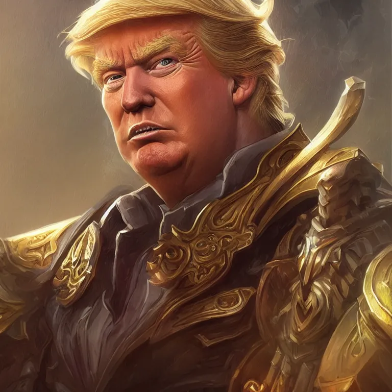 Image similar to a highly detailed character portrait of Donald Trump as a World of Warcraft character, intricate, digital painting, artstation, concept art, smooth, sharp focus, illustration, art by artgerm and greg rutkowski and alphonse mucha