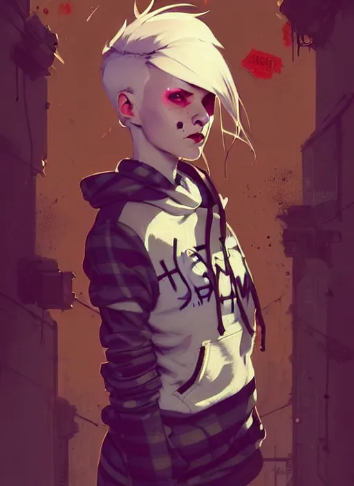 Image similar to highly detailed portrait of a sewer punk canadian lady, tartan hoody, white hair by atey ghailan, by greg rutkowski, by greg tocchini, by james gilleard, by joe fenton, by kaethe butcher, gradient red, brown, blonde cream and white color scheme, grunge aesthetic!!! ( ( graffiti tag wall background ) )