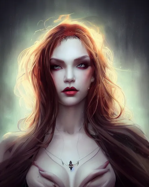 Prompt: a beautiful female vampire, ethereal, dreamy, backlit, highly detailed, stern expression, realistic lighting, sharp focus, windswept, rule of thirds, symmetrical facial features, by artgerm, wlop, rossdraws, frank frazetta, andrei riabovitchev, trending on artstation, hd, 4 k, fantasy