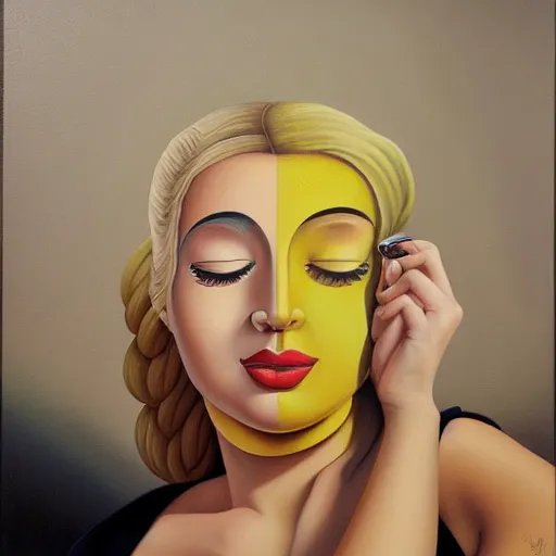 Image similar to a painting of a woman, an ultrafine detailed painting by rafal olbinski, behance contest winner, pop surrealism, detailed painting, skeuomorphic, airbrush art