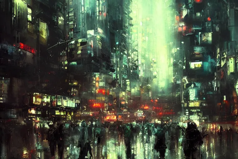 Image similar to neotokyo cityscape painted by jeremy mann, street - level, dripping oil paint, highly detailed, high resolution