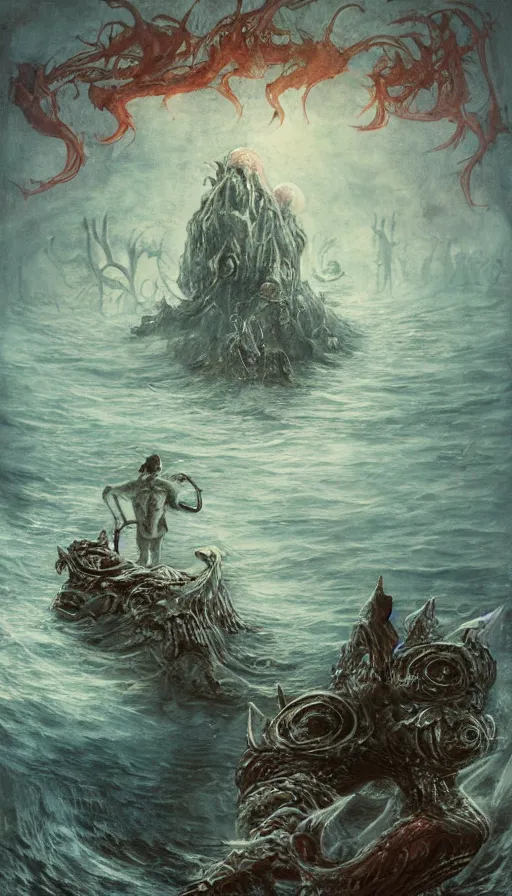 Prompt: man on boat crossing a body of water in hell with creatures in the water, sea of souls, by yoshitaka amano,