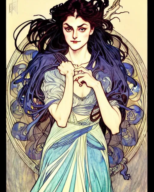 Image similar to in the style of artgerm, arthur rackham, alphonse mucha, phoebe tonkin, symmetrical eyes, symmetrical face, flowing blue skirt, full entire body, hair blowing, intricate filagree, hidden hands, warm colors, cool offset colors