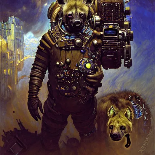 Image similar to portrait of a hyena gnoll doctor. futuristic spaceship. shadowrun furaffiniy cyberpunk fantasy highly detailed painting by gaston bussiere craig mullins jc leyendecker gustav klimt artgerm greg rutkowski john berkey, bergey, craig mullins, ruan jia, raymond swanland, jeremy mann, tom lovell, alex malveda