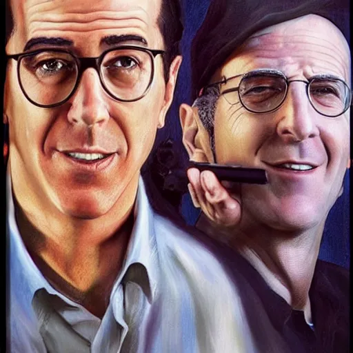 Image similar to Live Action Oil Painting of a Poster of Young Jerry Seinfeld and Larry David in Breaking Bad, real life, hyperrealistic, ultra realistic, realistic, highly detailed, detailed, very detailed, cool, ultra detailed, very realistic, trending on artstation, epic, HD quality, 8k resolution, body and headshot, film still, real, detailed faces, very detailed faces, real life, poster