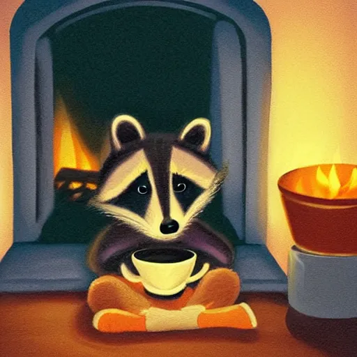 Prompt: little raccoon and sitting by a cozy fireplace with a cup of tea. warm color temperature,