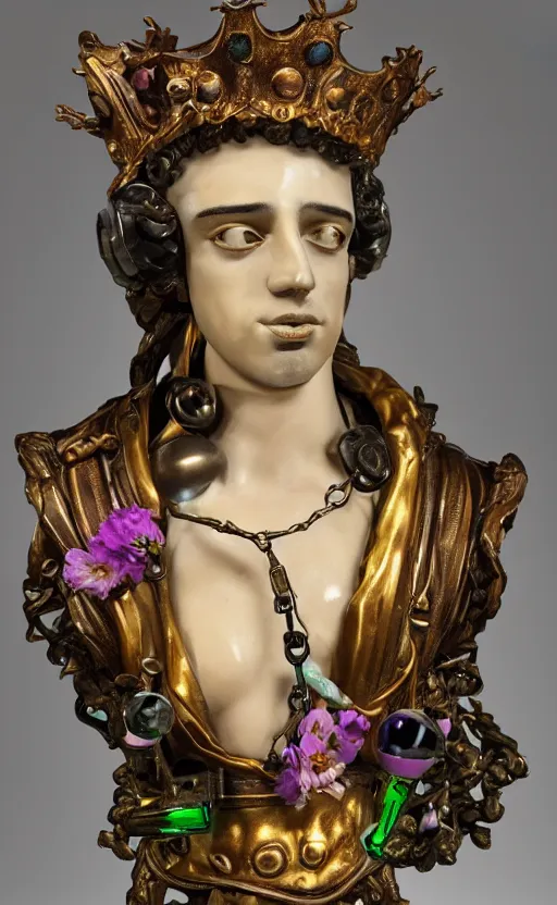 Image similar to a young handsome seductive latino ceramic sculpture of a prince with a head of a CRT monitor and a large glowing violet crystal in the center of his chest, full-body bronze cyberpunk style statue of Andromeda with glowing green laser eyes, crown of mechanical chrysanthemums, flowing aqua silk, fabric, steampunk flowers. baroque elements, human hands. full-length view. baroque element. intricate artwork by caravaggio. many flying horses on background. Trending on artstation, octane render, cinematic lighting from the right, hyper realism, octane render, 8k, depth of field, 3D