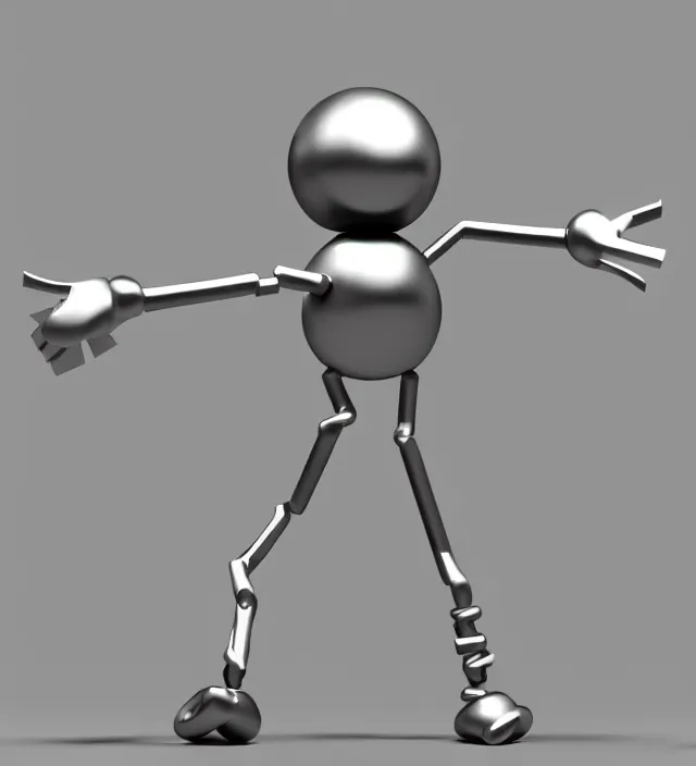 Image similar to 3 d studio render simplistic!!! minimalistic!!!! character concept for a cartoon metal character with a round metal head, a body made of metal poles, arms made of scissor arms, and white metal gloves. flexible!!!!! posing, dynamic!!! expressive!!! trending on artstation, octane render, unreal engine 5 render