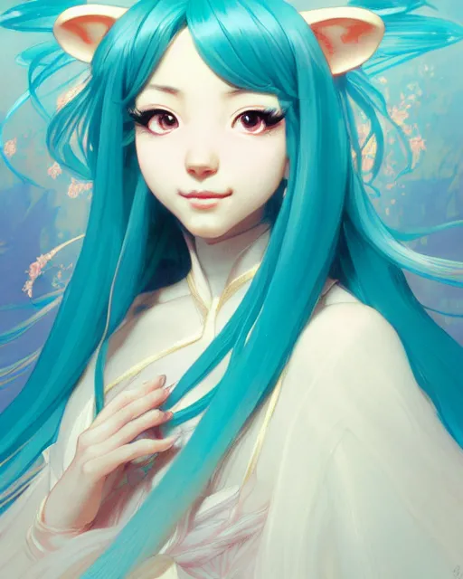 Image similar to portrait of disney hatsune miku, intricate, elegant, highly detailed, my rendition, digital painting, artstation, concept art, smooth, sharp focus, illustration, art by artgerm and greg rutkowski and alphonse mucha and uang guangjian and gil elvgren and sachin teng, symmetry!!