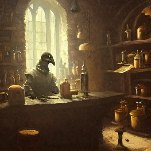 Image similar to plague doctor working in medieval apothecary, magical alchemy laboratory, oil painting, by Greg Rutkowski