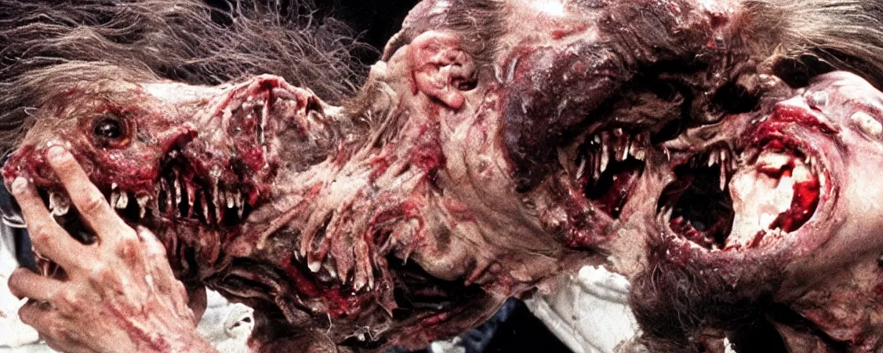 Image similar to a disgusting vile monster eating a man from The Thing, by Cronenberg and greg nicotero