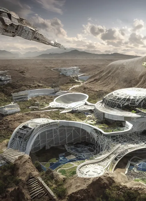 Image similar to bioremediation white mining tailing futuristic horizontal architecture in chuquicamata, epic, cinematic, hyperealistic, high detailed, corona render, hdr, ray tracing