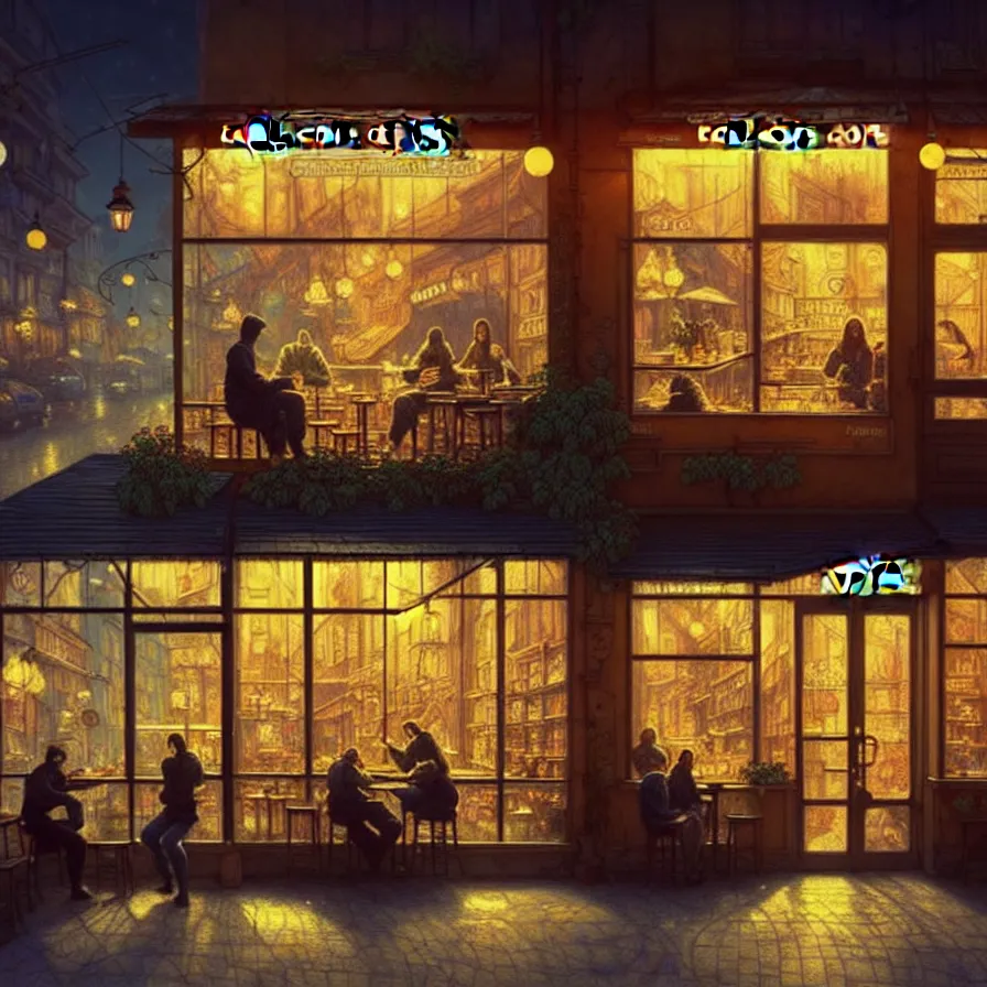 Image similar to a coffee shop store in The City of Ukraine at night with a few customers, extreme plus resolution fantasy concept art, intricate details to everything visible, sharp lighting, Dramatic light by denis villeneuve, strong emphasis on alphonse mucha, Makoto Shinkai