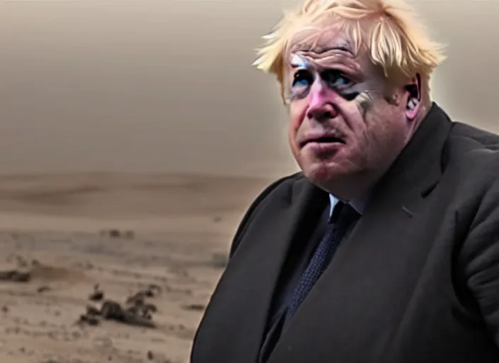 Image similar to boris johnson as baron harkonnen in a black oil bath in a still from the film Dune (2021)