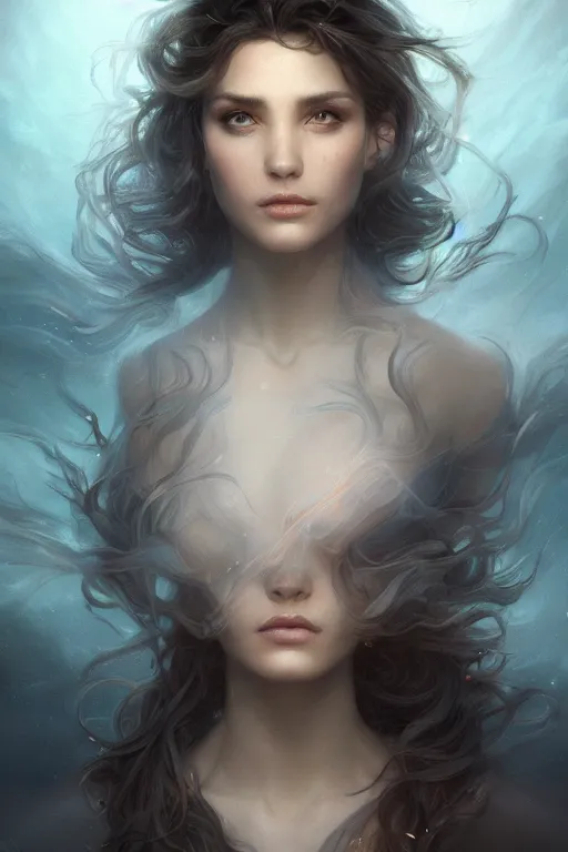 Prompt: cloudy dusty wind blowing!!!, underwater and dreaming of the void! multiple cinematic volumetric rim lights, bust portrait, dnd, fantasy, intricate, elegant, highly detailed, digital painting, artstation, concept art, smooth, sharp focus, illustration, art by artgerm and tom bagshaw and greg rutkowski and alphonse mucha