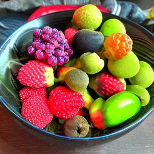 Prompt: a bowl of alien fruit, from another planet, exotic, hyper - realistic, high detail