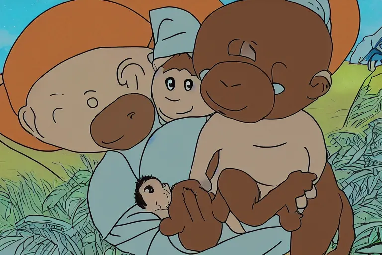 Prompt: high definition illustration of a monkey holding its baby in its lap, while walking along the beach, studio ghibli style, highly detailed, fun,