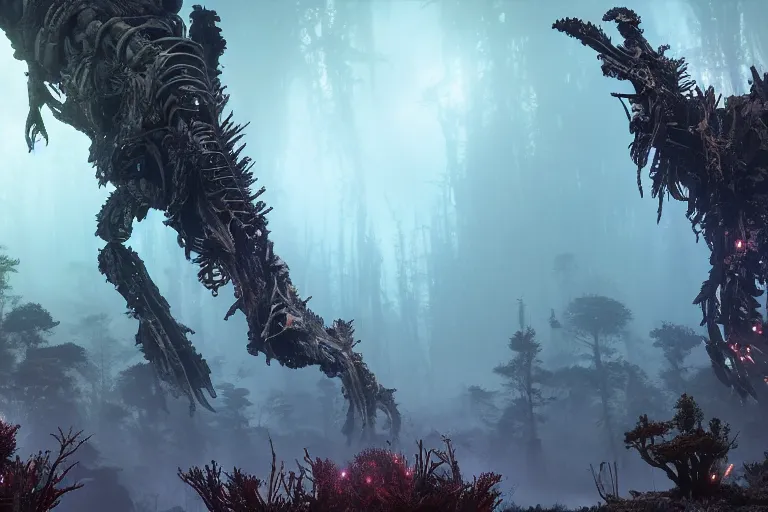 Image similar to wide epic shot from horizon forbidden west. a hyper detailed organic mechanic creatuve realistic similar look as horizon forbidden west horizon zero dawn, bioluminiscence in a dark deep forest at dawn in spring, with reflection and textures, by kilian eng, substance painter reaslitic mech surface metal painted scratches, world env from horizon forbidden west horizon zero dawn