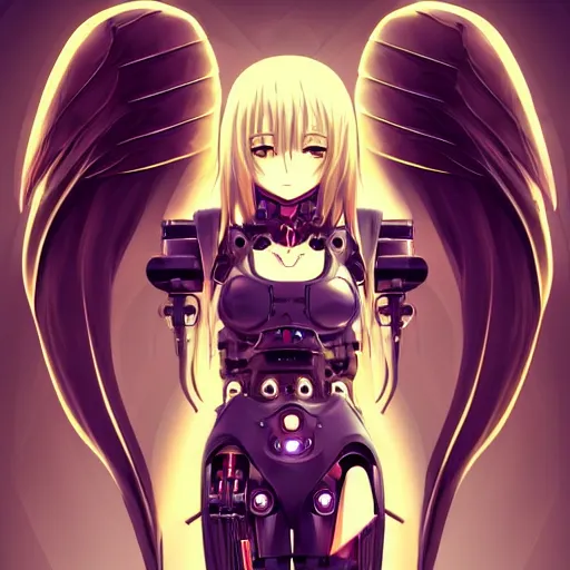 Image similar to full body, gorgeous small female android cyborg - angel large angelic wings, left eye gold and right eye silver, cyberpunk - anime art