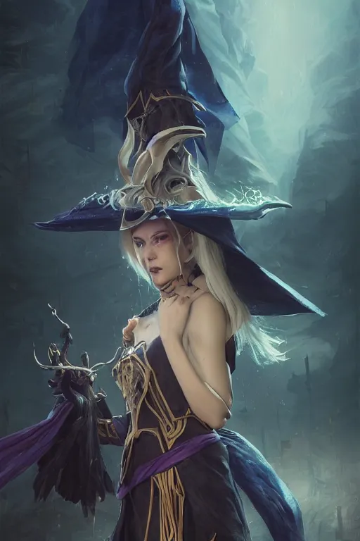 Image similar to a beautiful dark magician girl with a large witches hat that covers her face by Greg Rutkowski, Sung Choi, Mitchell Mohrhauser, Maciej Kuciara, Johnson Ting, Maxim Verehin, Peter Konig, final fantasy , mythical, 8k photorealistic, cinematic lighting, HD, high details, atmospheric,