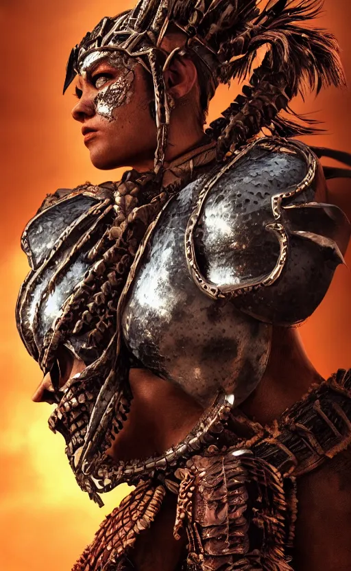 Prompt: action sceme, tribeswoman fights barbarians,rich Aztec jaguar armor,vertical composition, inspired by monster hunter and westerns, muscular body, clean beautiful symmetrical face, subtle make up, epic,dramatic lighting, cinematic, establishing shot, extremely high detail, photorealistic, provocative , cinematic lighting, artstation, octane render, western,old photo, vintage