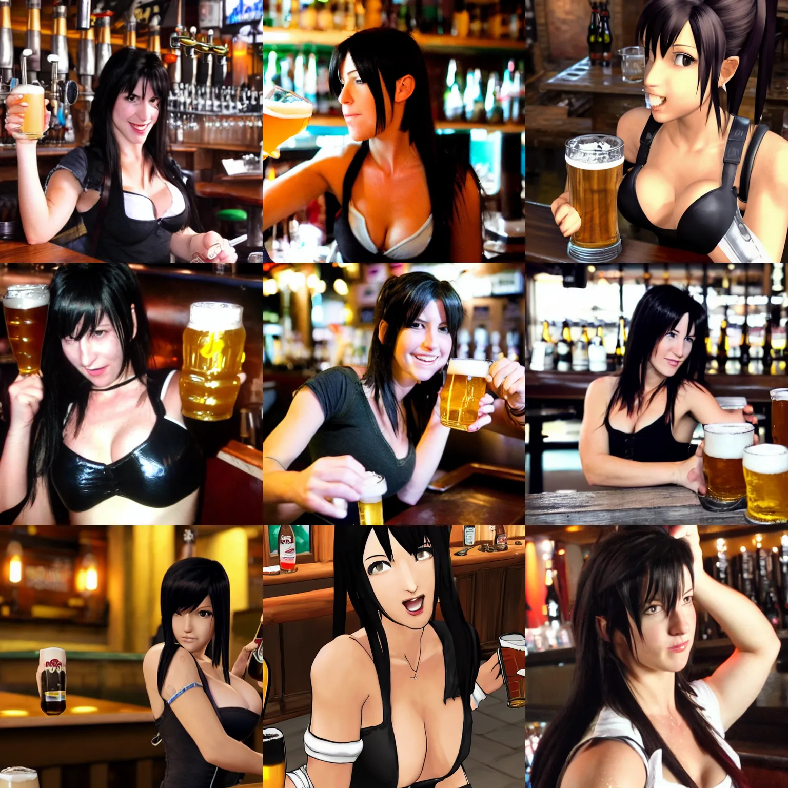 Prompt: Tifa Lockhart drinking beer at a pub