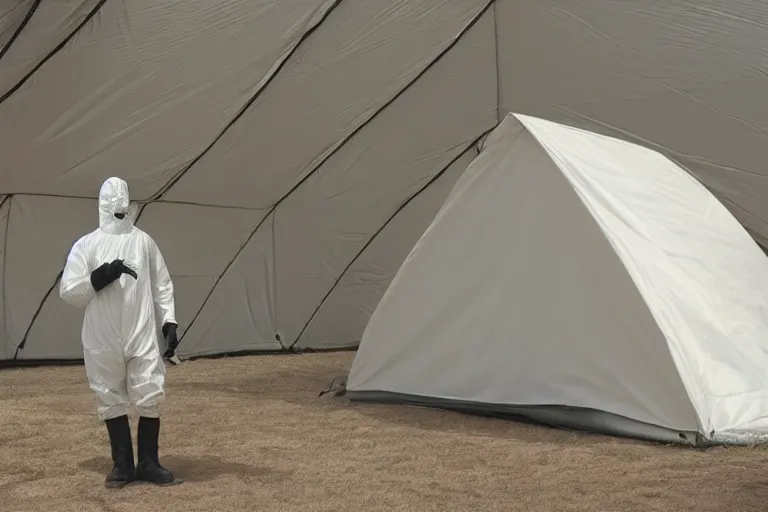 Image similar to man wearing hazmat suit in clean tent. by Roger Deakins