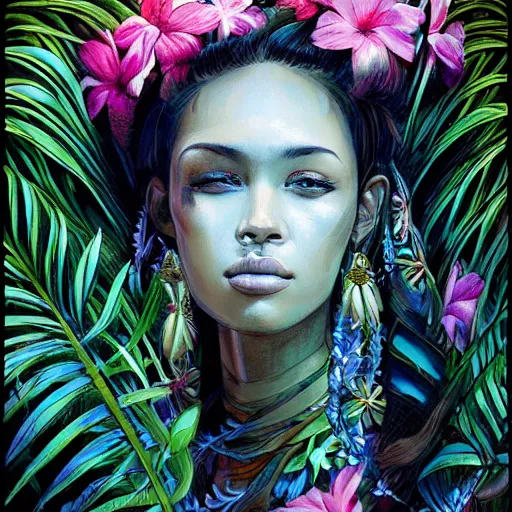 Prompt: portrait of a beautiful hawaiian girl, palm trees, flowers by android jones