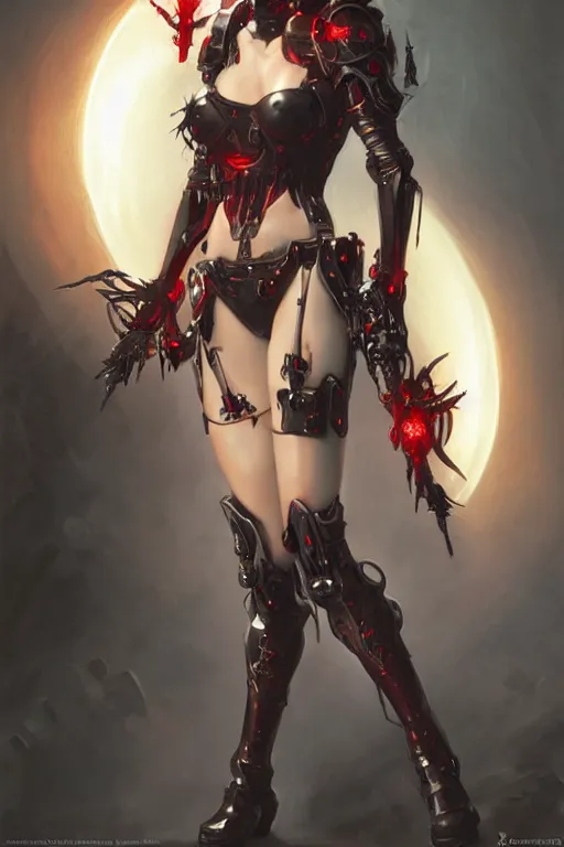 Image similar to Portrait of beautiful pale smiling cyborg succubus maiden in bikini armor with crown of thorns and glowing red eyes, cyberpunc, Warhammer 40000, digital art from artstation by Ruan Jia and Mandy Jurgens and Artgerm and william-adolphe bouguereau