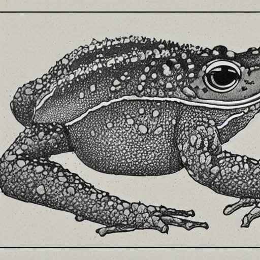 Image similar to botanical technical drawing of a toad samurai :: Cottage core :: fine detailed :: line art :: lithography :: ink detail and color