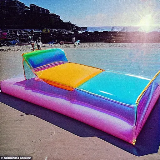Image similar to a pastel colour high fidelity wide angle Polaroid art photo from a holiday album at a seaside with abstract inflatable parachute furniture, spheres and a DJ booth, all objects made of transparent iridescent Perspex and metallic silver, a grid of sun beds iridescence, nostalgic