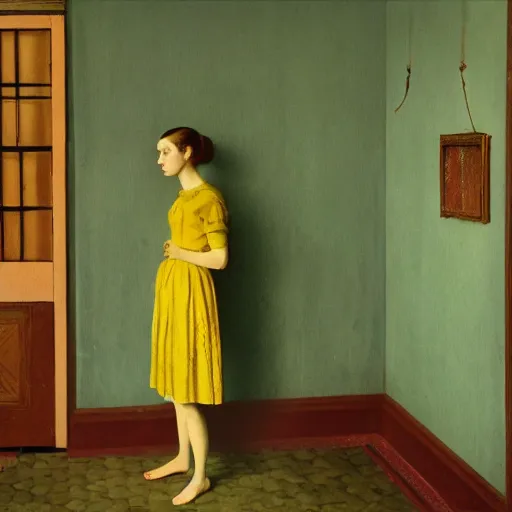 Prompt: a lonely girl in an haunted liminal abandoned room, film still by wes anderson, depicted by balthus, limited color palette, very intricate, art nouveau, highly detailed, lights by hopper, soft pastel colors