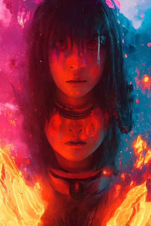 Image similar to a fancy portrait of a young Demon girl covered in deep and colourful flames by Greg Rutkowski, Sung Choi, Mitchell Mohrhauser, Maciej Kuciara, Johnson Ting, Maxim Verehin, Peter Konig, Bloodborne , 8k photorealistic, cinematic lighting, HD, high details, atmospheric , trending on artstation