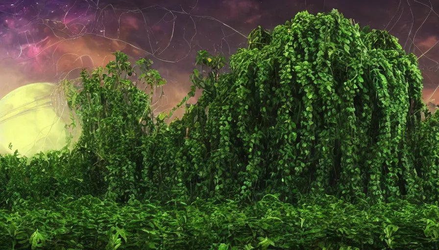 Prompt: A mothership leaving earth made of plants and vines, cinematic, megascans