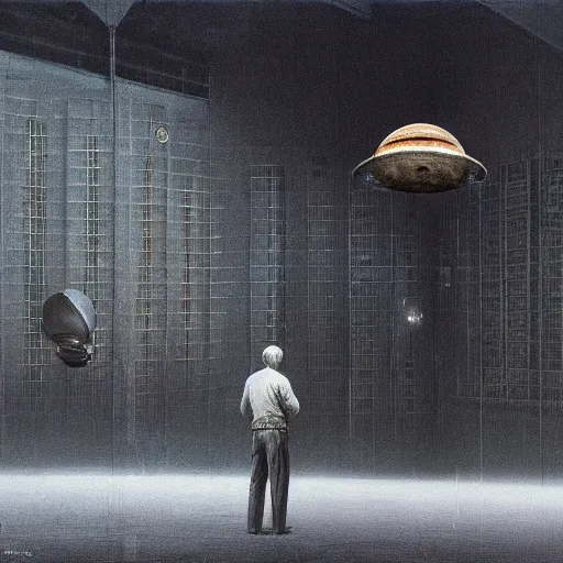 Prompt: an fbi agent looking at a ufo inside a giant warehouse, beksinski, wayne barlowe, very coherent symmetrical artwork, cinematic, hyper realism, high detail, octane render, 8 k