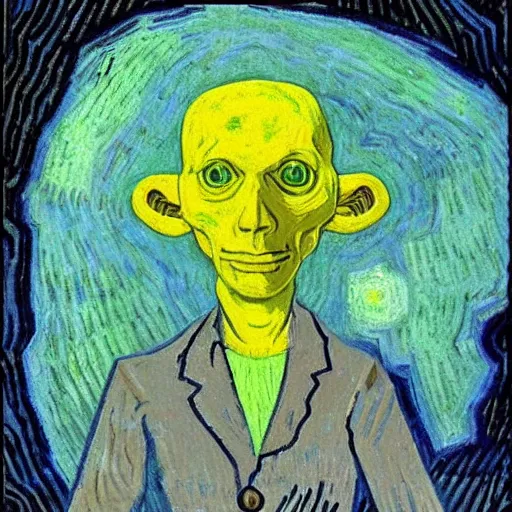 Prompt: portrait of Roswell Alien, painted by Van Gogh