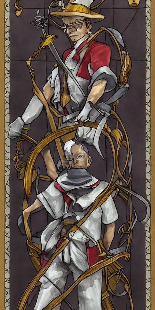 Prompt: the judge from Ace Attorney with a scale in one hand. Tarot card Justice, impressive art, detailed, singe subject