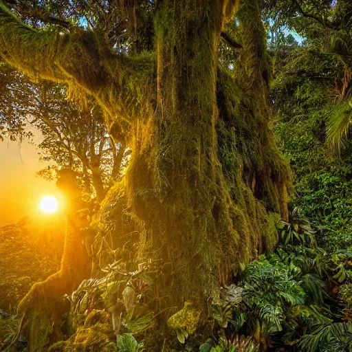 Image similar to a jungle temple surrounded by moss and tropical flowers, with a sunset, by alex horley, bokeh photography