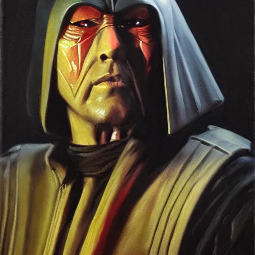 Image similar to ultra realistic portrait painting of darth revan, art by frank frazetta, 4 k, ultra realistic, highly detailed, epic lighting