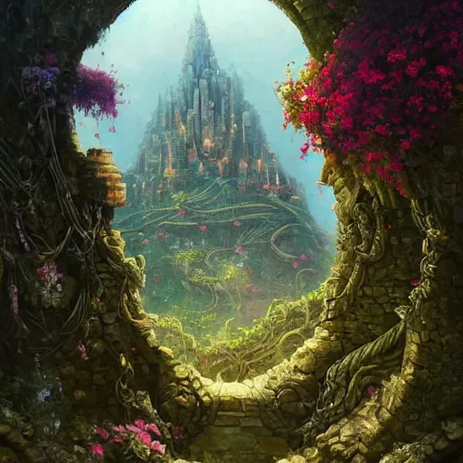 Image similar to forgotten stone city on a hill that rises up from the plain. the stone is carved into intricate patterns: spirals and flowers, vines and knots. towers high above, archways, strange trees and flowers. a beautiful and vivid and colorful andreas rocha and peter mohrbacher impasto!! acrylic painting